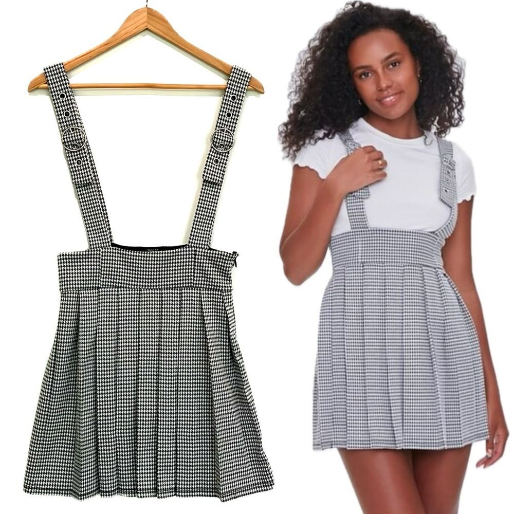 Forever 21 Houndstooth Plaid Pinafore Dress Size M Overalls Pleated Skirt Y2K
